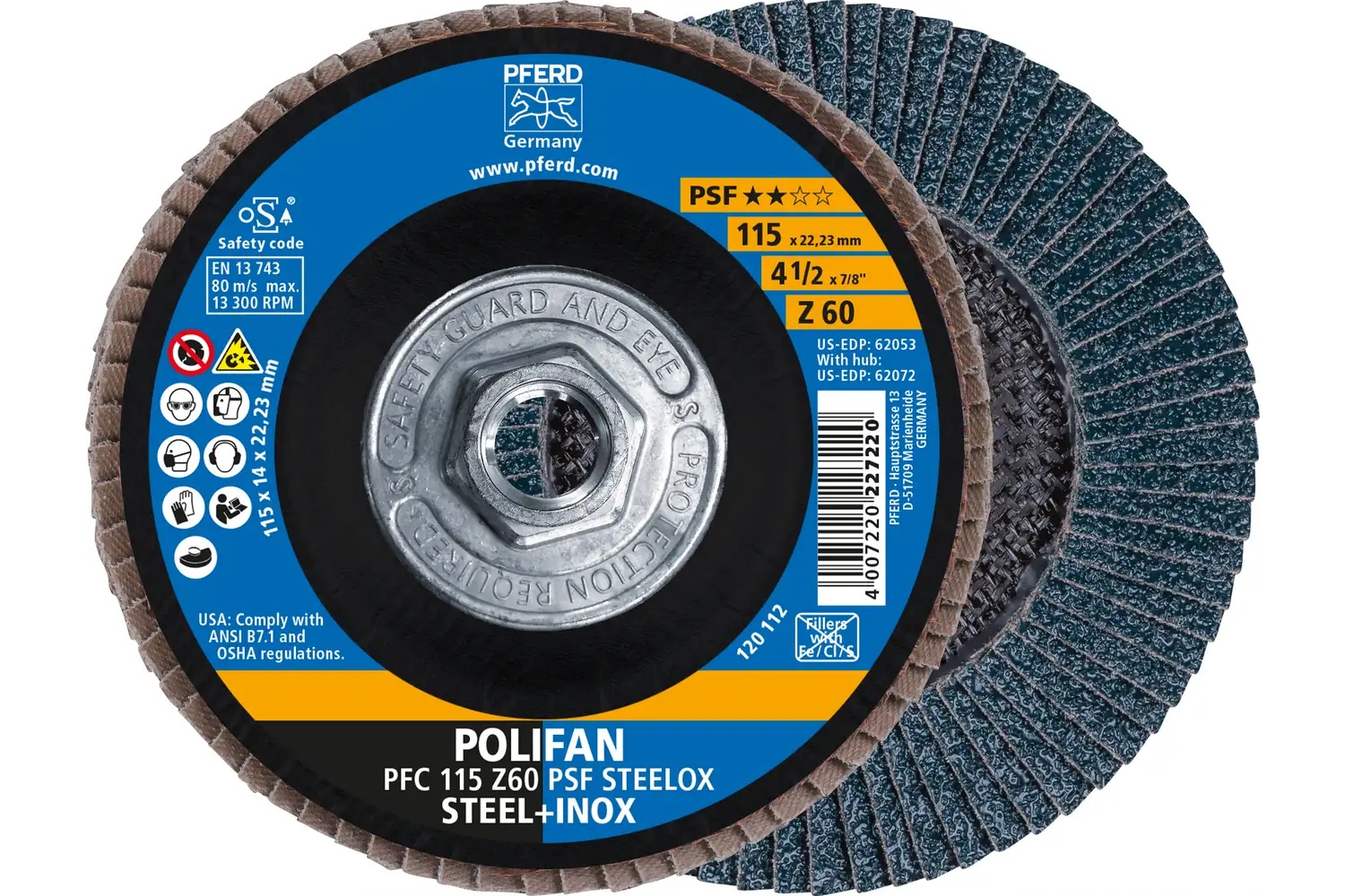 Picture of Pferd Flap Disc, 4-1/2" x 5/8-11, Z PSF Steelox, 60 Grit, T29, Conical, Zirconia